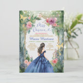 Blue Dress Forest Gold Butterfly Mis Quince Einladung (Stehend Vorderseite)