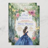 Blue Dress Forest Gold Butterfly Mis Quince Einladung (Vorne/Hinten)