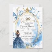 Blue Dress Princess Frame Gold Einladung (Vorderseite)