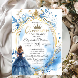 Blue Dress Princess Frame Gold Einladung