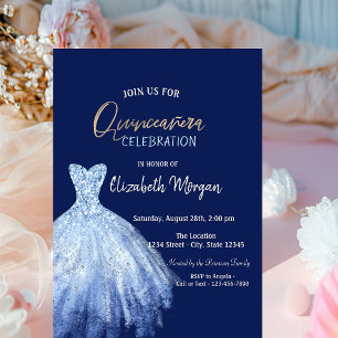 Blue Dress Stars Galaxy Navy Blue Quinceañera Einladung