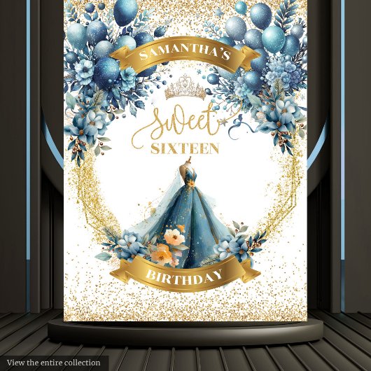 Blue Dress Sweet 16 Gold Glitzer Watercolor Banner Wandteppich