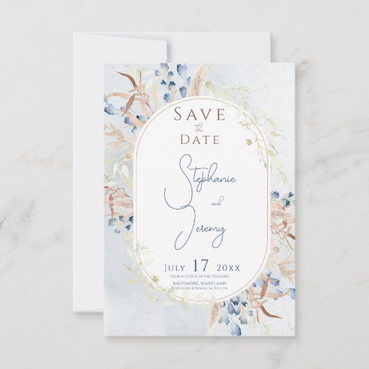 Blue Dried Boho Blume Blue Wedding Save The Date (Vorderseite)