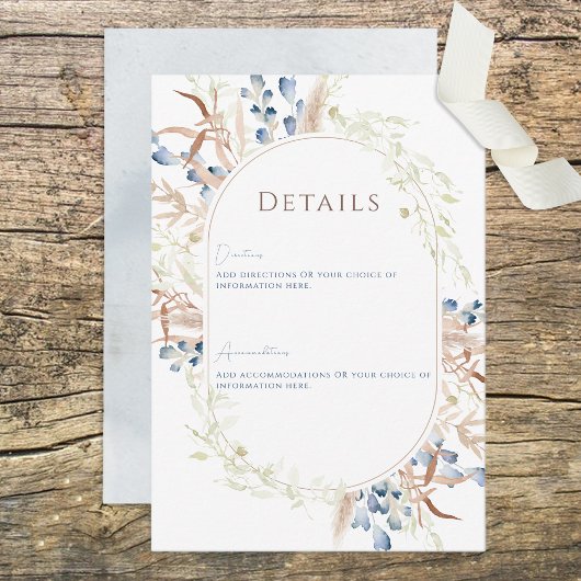 Blue Dried Boho Blume White Wedding Details Card Begleitkarte
