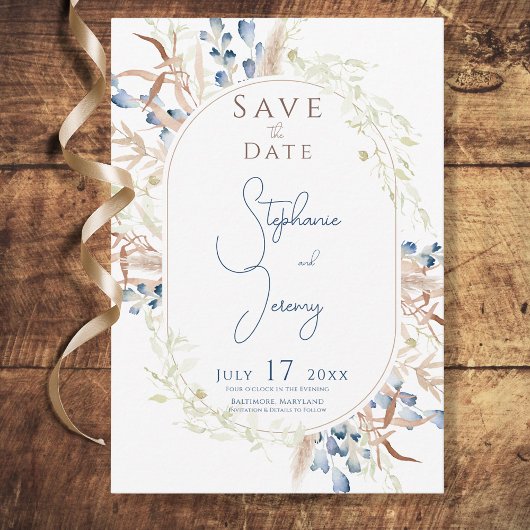 Blue Dried Boho Blume White Wedding Save The Date