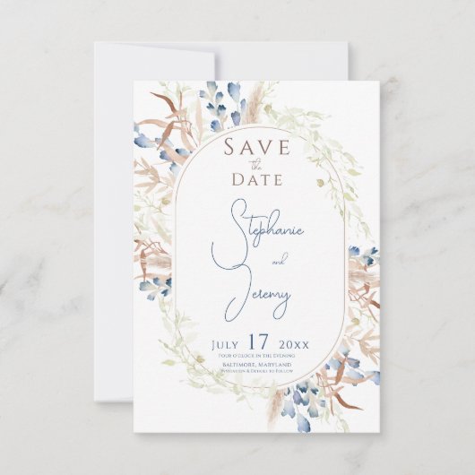 Blue Dried Boho Blume White Wedding Save The Date (Vorderseite)