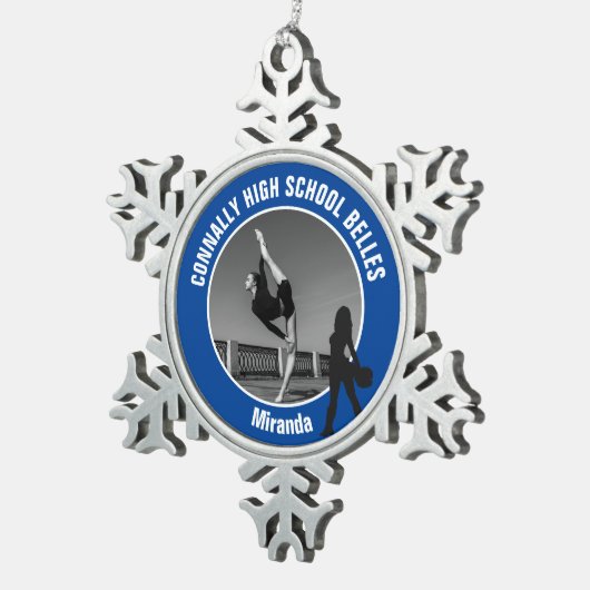 Blue Drill Team Photo High School Dancer Schneeflocken Zinn-Ornament (Rechts)