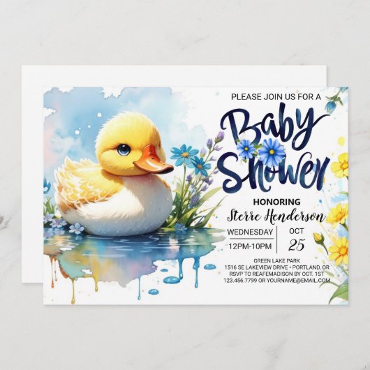 Blue Duckling Bliss Baby Dusche Einladung (Vorne/Hinten)