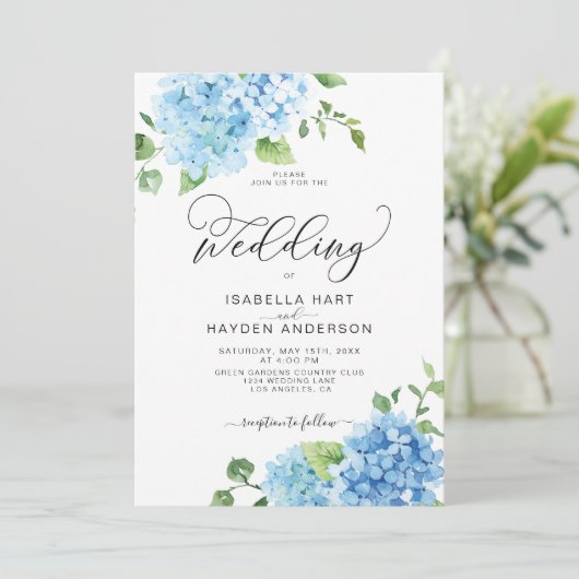 Blue Dusty Light Navy Floral Hydrangea Wedding Einladung (Stehend Vorderseite)