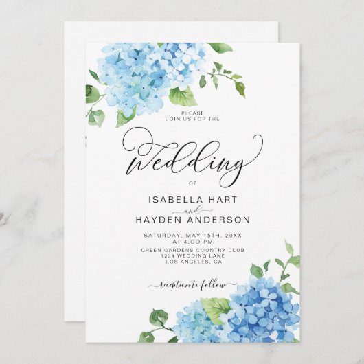 Blue Dusty Light Navy Floral Hydrangea Wedding Einladung (Vorne/Hinten)