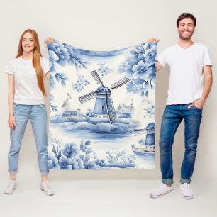 Blue Dutch Delft Windmill Watercolor Fleecedecke