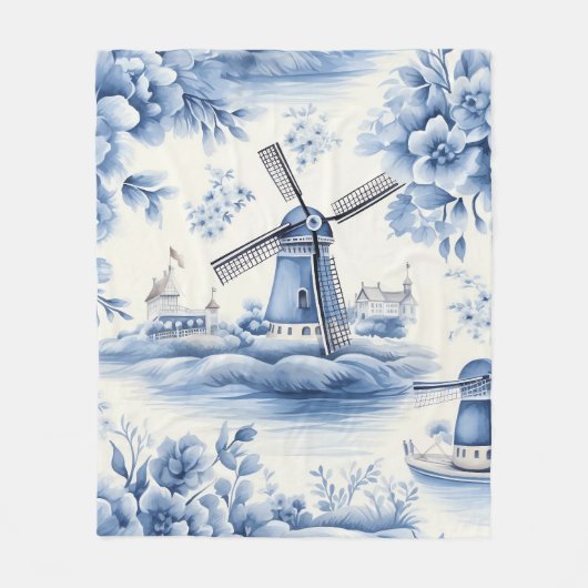 Blue Dutch Delft Windmill Watercolor Fleecedecke (Vorderseite)