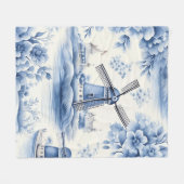Blue Dutch Delft Windmill Watercolor Fleecedecke (Vorderseite (Horizontal))