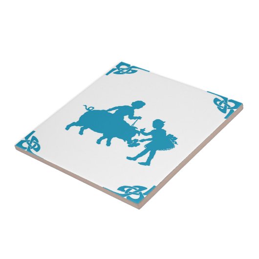 Blue Dutch Kids & Pig Delft Fliese (Seite)