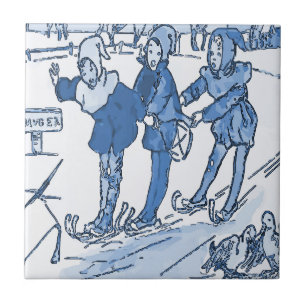 Blue Dutch Kids Skiing Fliese