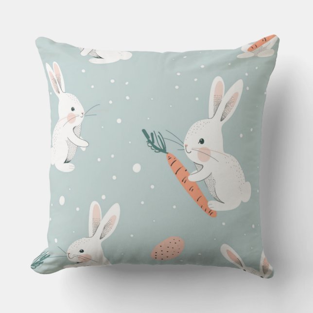 Blue Easter with Bunny & Carrot Throw Pillow Kissen (Vorderseite)