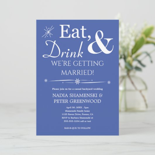 Blue Eat Drink Lässige Hochzeit verheiratet Einladung (Stehend Vorderseite)