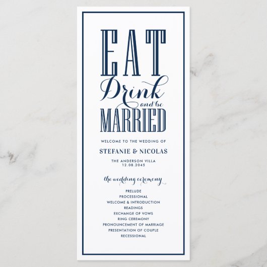 Blue Eat Drink und Verheiratet Hochzeit Programm (Vorderseite)