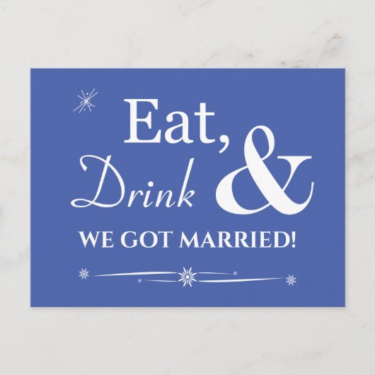 Blue Eat Drink Wir Got Verheiratet Retro Elopement Postkarte (Vorderseite)