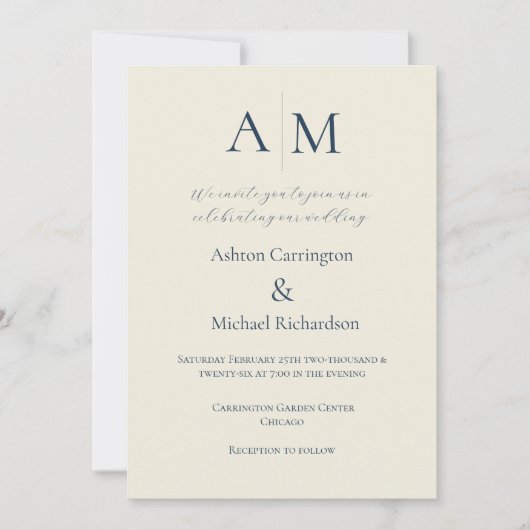 Blue Ecru Monogram Modern Wedding Einladung (Vorderseite)