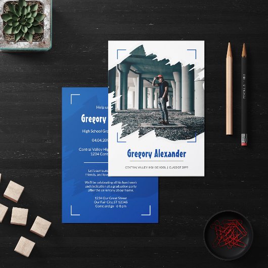 Blue Edgy Abstrakt Brushstroke Foto Abschluss Einladung