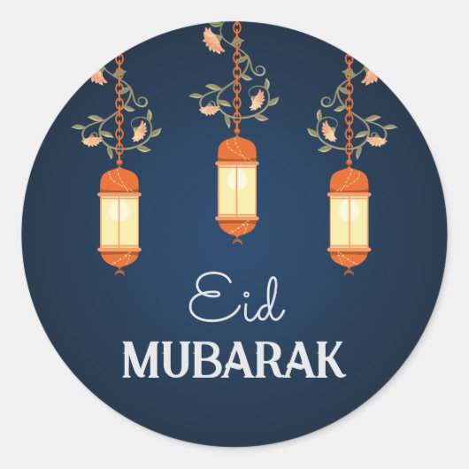 Blue Eid Mubarak Floral Lantern Islamisch Runder Aufkleber (Vorderseite)