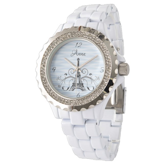 Blue Eiffel Tower Blüh Watch Armbanduhr (Schrägansicht)