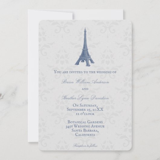 Blue Eiffel Tower Damask Einladung zur Hochzeit (Vorderseite)