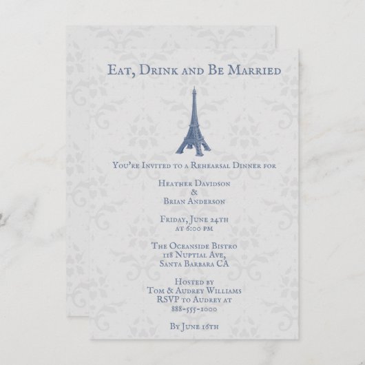 Blue Eiffel Tower Damask Hochzeitsessen Probe Einladung (Vorne/Hinten)