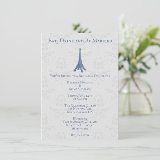 Blue Eiffel Tower Damask Hochzeitsessen Probe Einladung (Stehend Vorderseite)