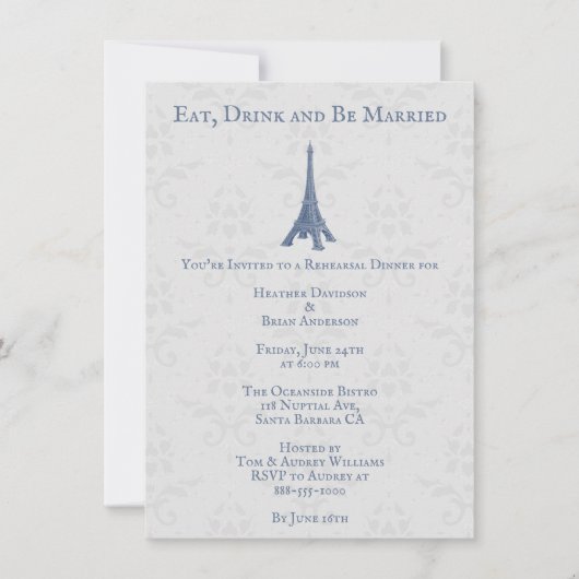 Blue Eiffel Tower Damask Hochzeitsessen Probe Einladung (Vorderseite)
