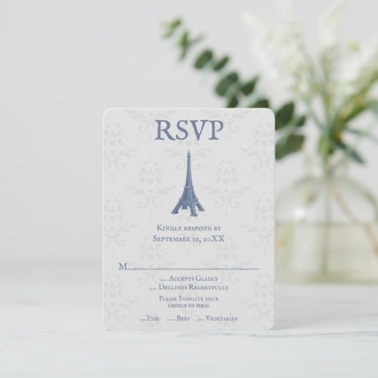 Blue Eiffel Tower Damask - RSVP-Karte RSVP Karte (Stehend Vorderseite)