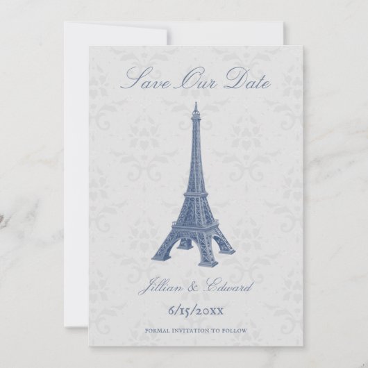 Blue Eiffel Tower Damask Save the Date Ankündigung (Vorderseite)