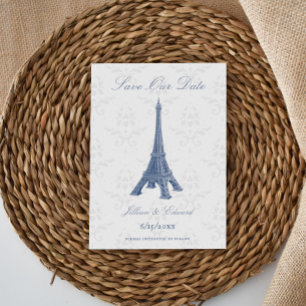 Blue Eiffel Tower Damask Save the Date Ankündigung