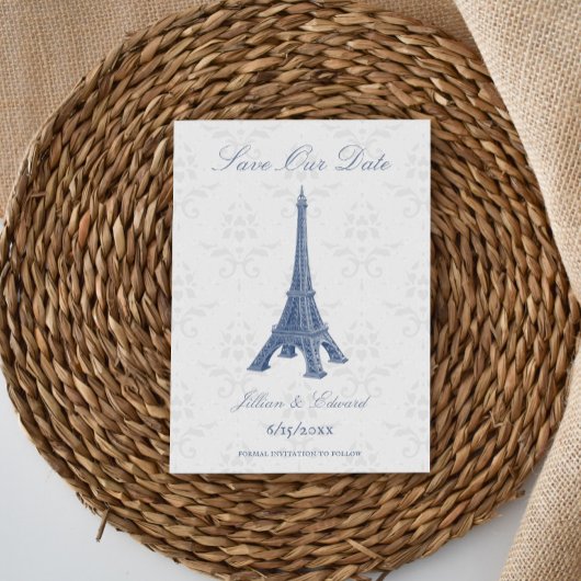 Blue Eiffel Tower Damask Save the Date Ankündigung
