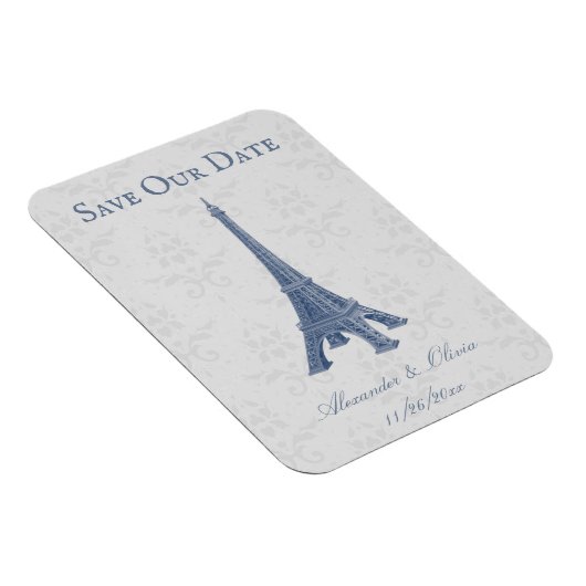 Blue Eiffel Tower Damask Speichern das Date Magnet (Rechte Seite)
