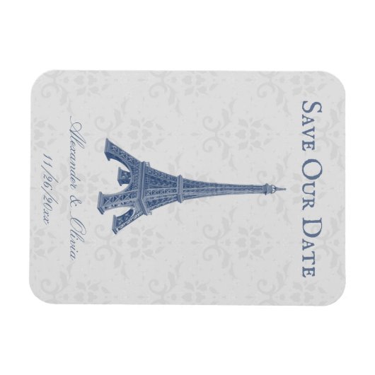 Blue Eiffel Tower Damask Speichern das Date Magnet (Horizontal)