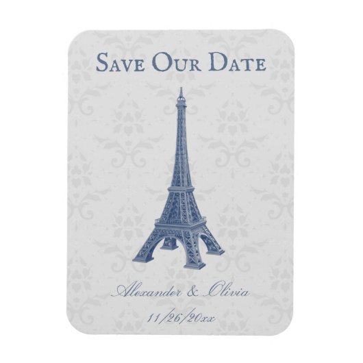 Blue Eiffel Tower Damask Speichern das Date Magnet (Vertikal)