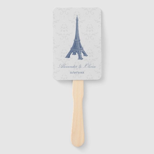 Blue Eiffel Tower Damask Wedding Favor Hand Fan Fächer (Vorderseite)