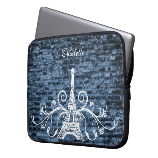 Blue Eiffel Tower Grunge Laptop Sleeve (Vorderseite Links)