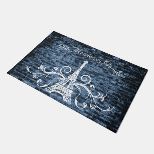 Blue Eiffel Tower Grunge Personalisiert Door Mat Fußmatte (Schrägansicht)
