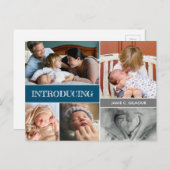 Blue Einführung Custom 2. Baby Foto Collage Ankündigungspostkarte (Vorne/Hinten)