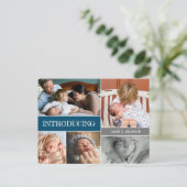 Blue Einführung Custom 2. Baby Foto Collage Ankündigungspostkarte (Stehend Vorderseite)