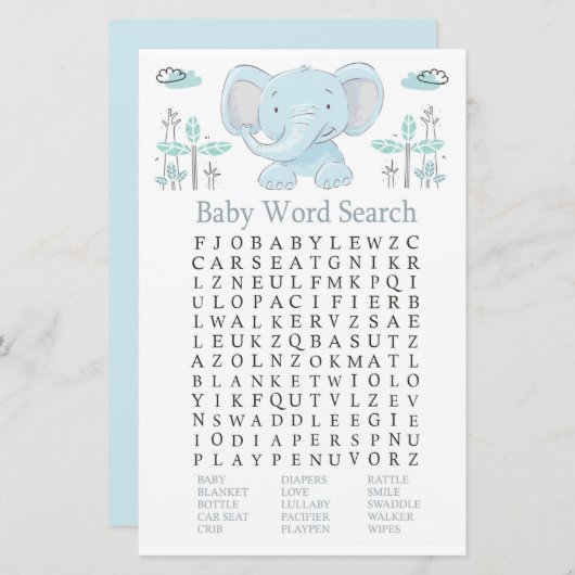 Blue Elefant Baby Shower Word Search Game (Vorne/Hinten)