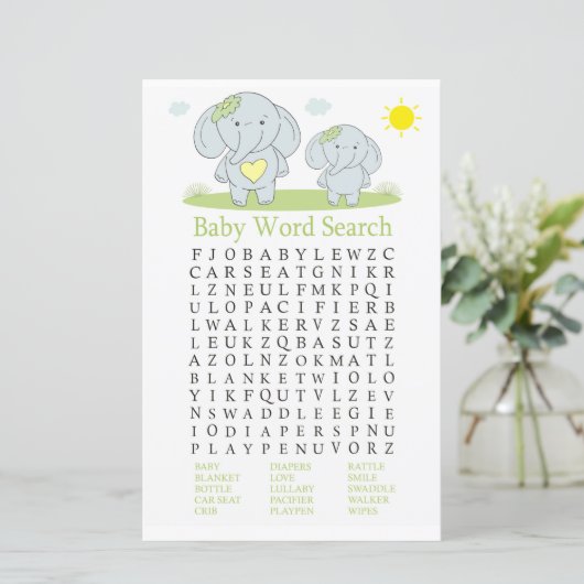 Blue Elefant Baby Shower Word Search Game (Stehend Vorderseite)