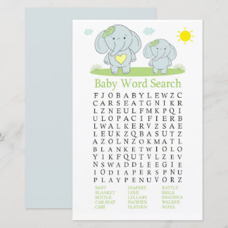 Blue Elefant Baby Shower Word Search Game