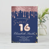 Blue Elegance, Rose Gold Tropfen 16 . Geburtstag Einladung (Stehend Vorderseite)