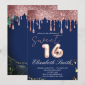 Blue Elegance, Rose Gold Tropfen 16 . Geburtstag Einladung (Vorne/Hinten)
