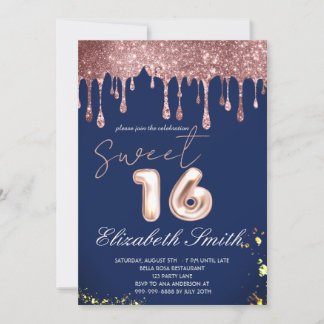 Blue Elegance, Rose Gold Tropfen 16 . Geburtstag Einladung