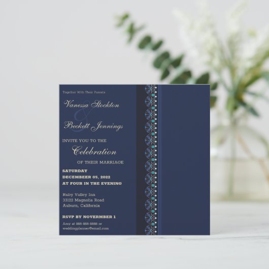 Blue Elegance Wedding Einladung (Stehend Vorderseite)